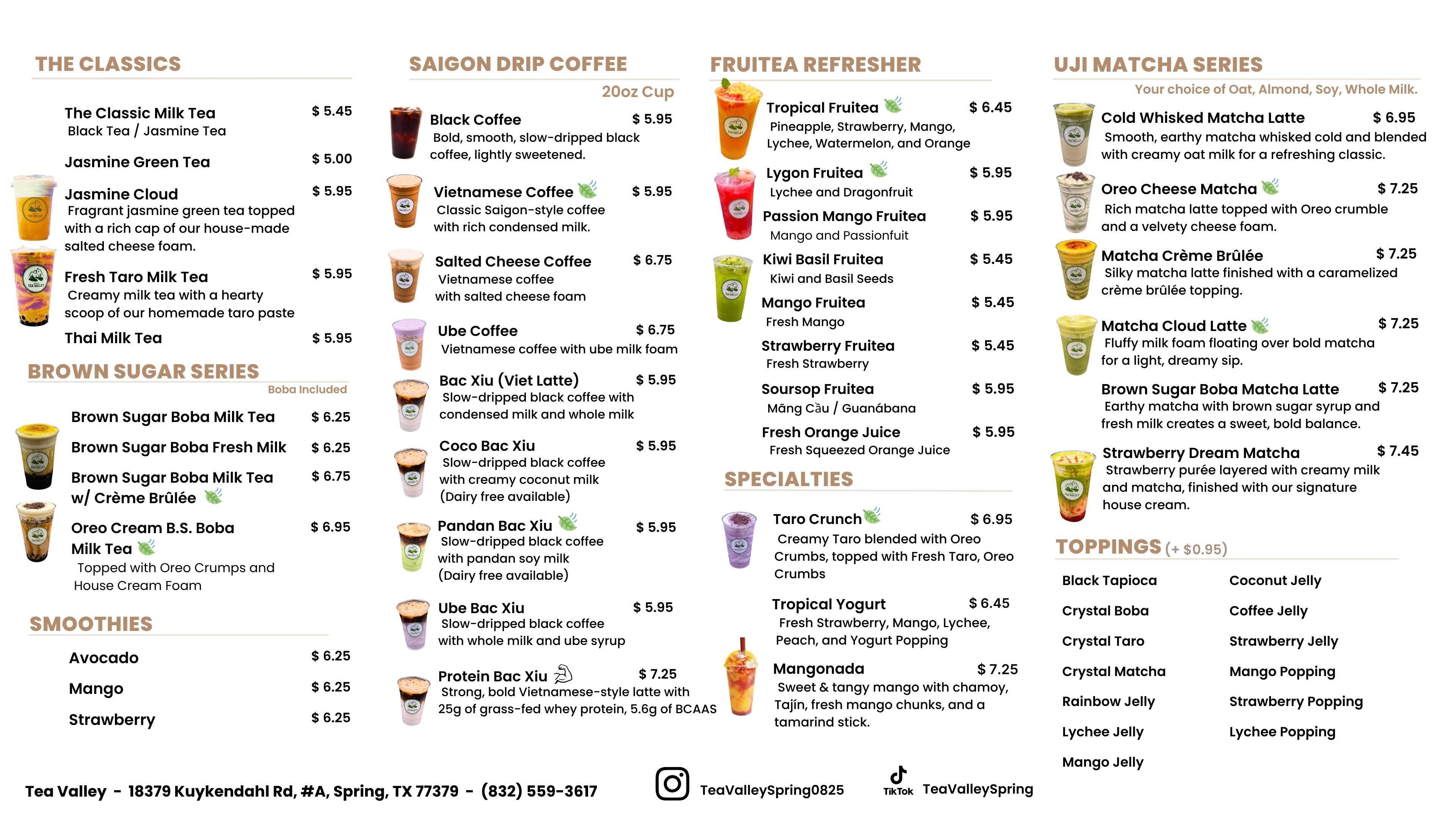 Tea Valley's full drinks menu including milk teas, fruit teas, and refreshers