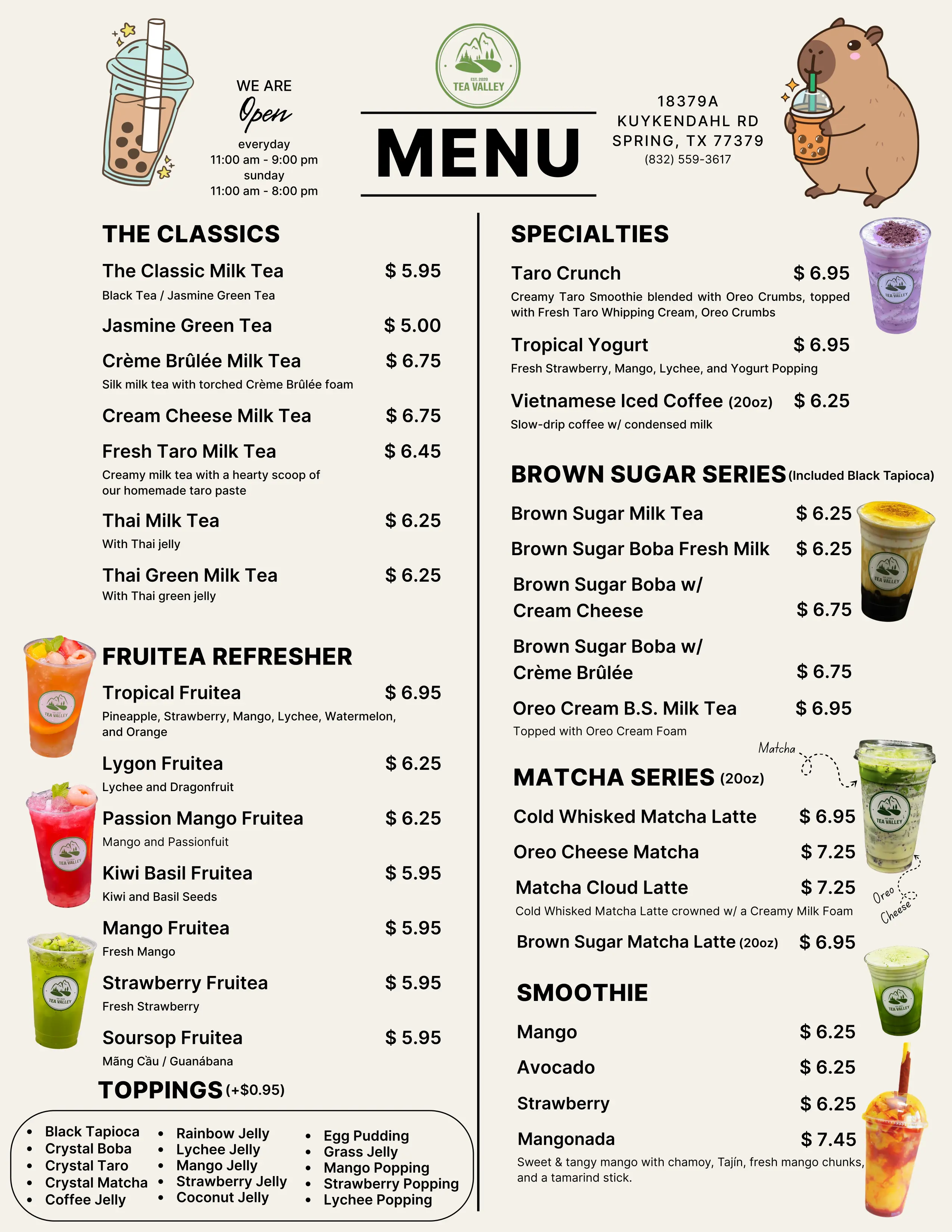Tea Valley Drinks Menu