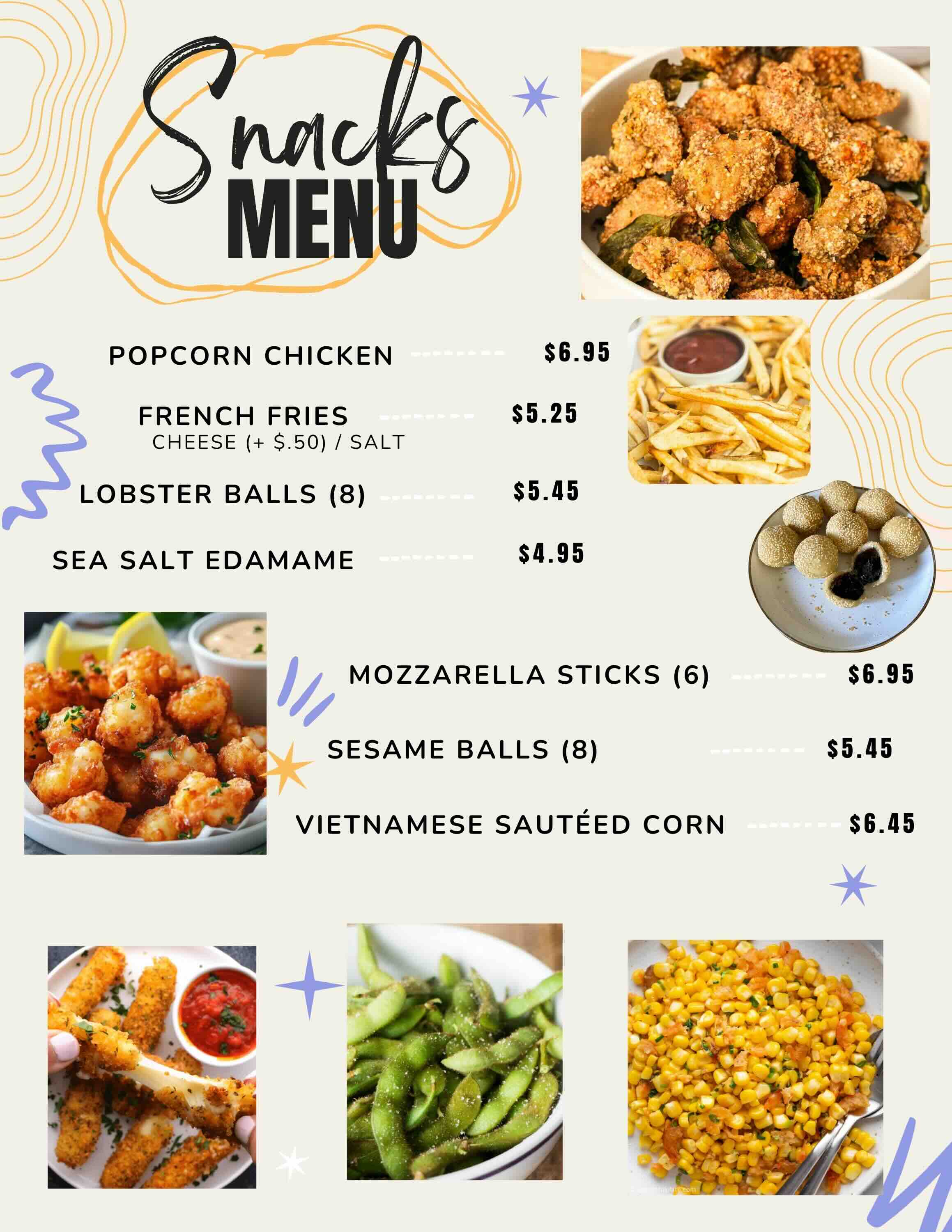 Tea Valley's snack menu featuring items like popcorn chicken and fries